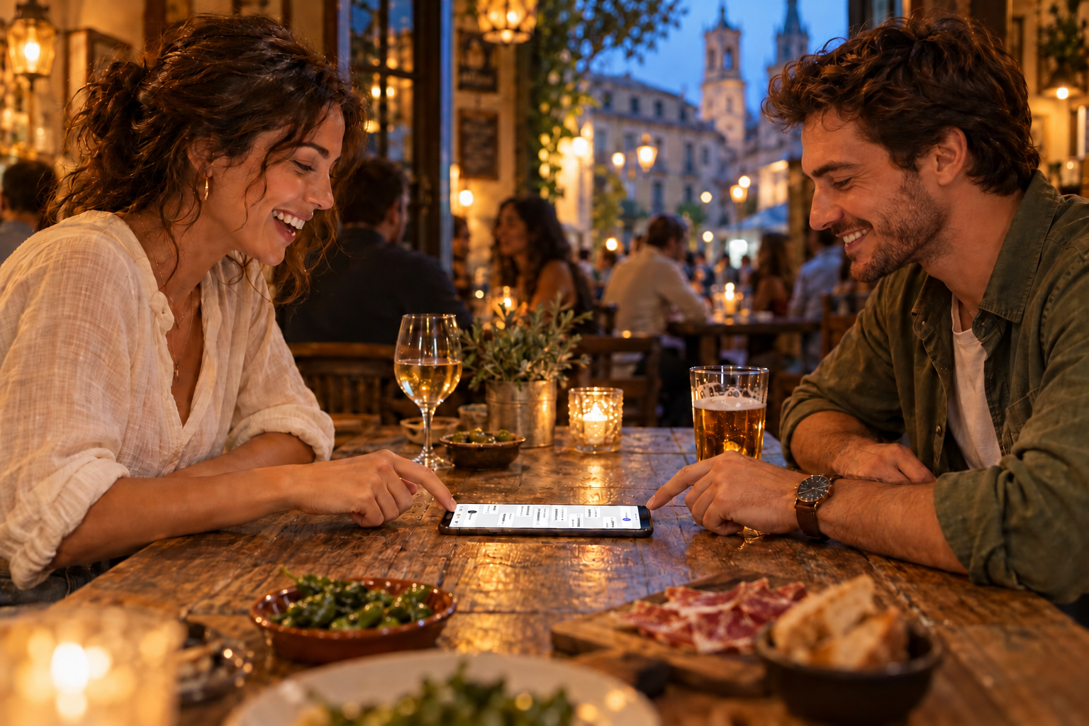 Illustrative scene: two travellers seated opposite each other using the two ends of a phone on a pub table