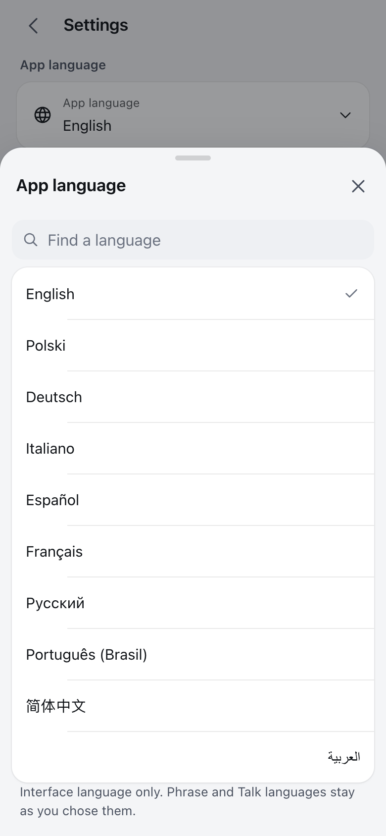 TapSay interface language chooser with ten languages
