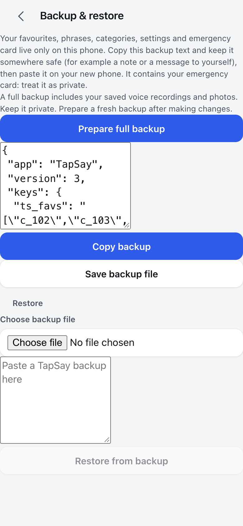 TapSay full backup and restore controls with a prepared demonstration backup