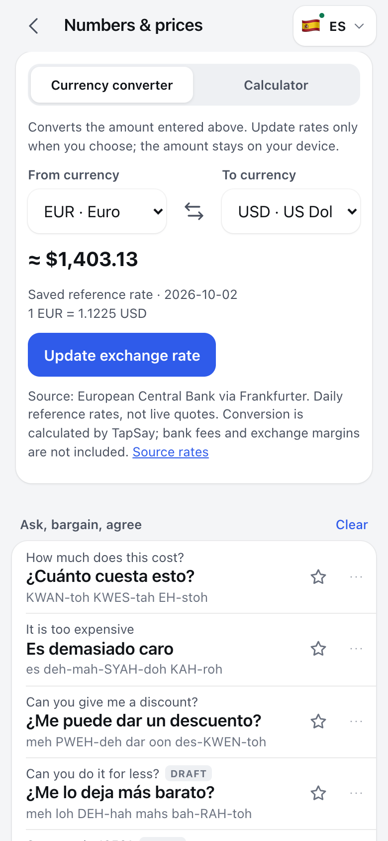Currency converter showing a saved EUR to USD reference rate and calculated amount