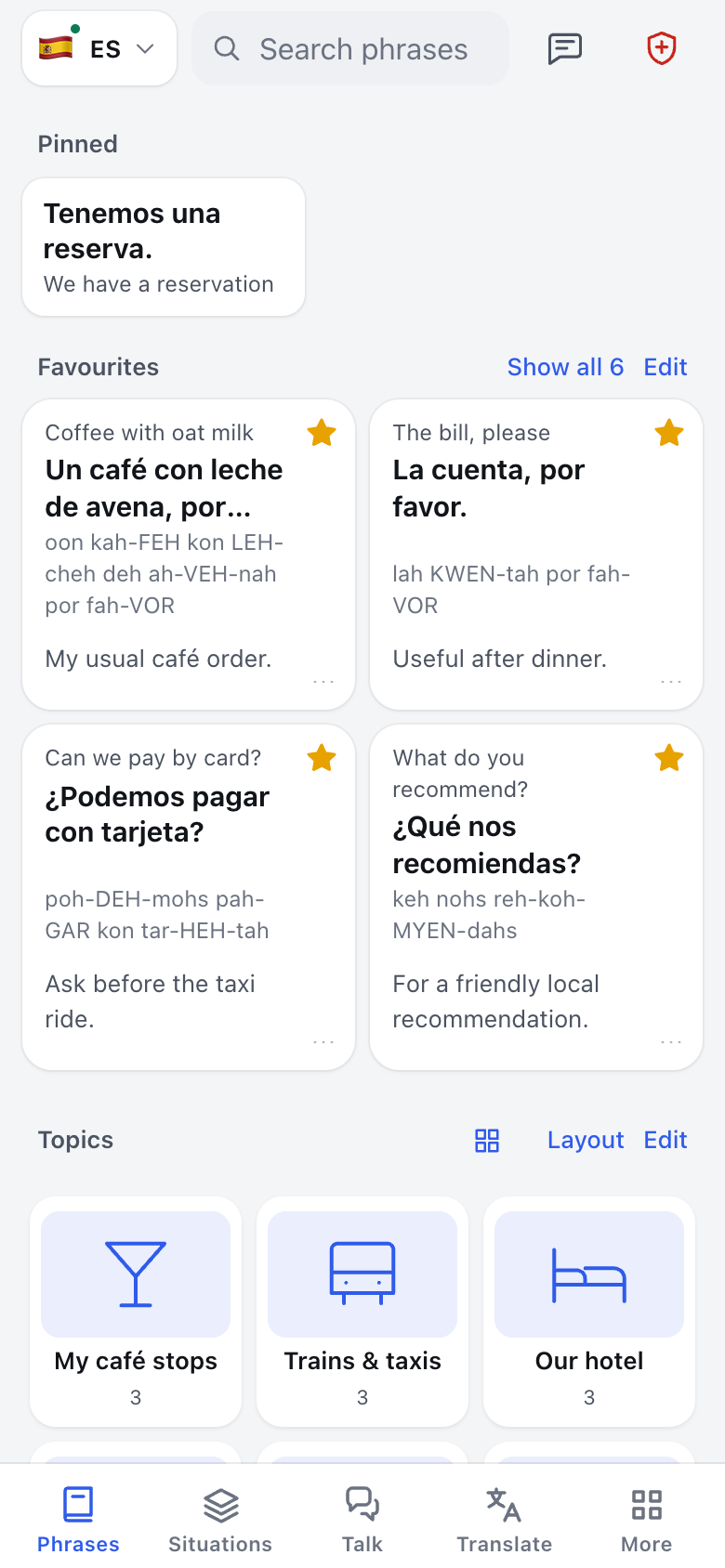 Example trip home screen with a pinned hotel phrase and six saved favourites