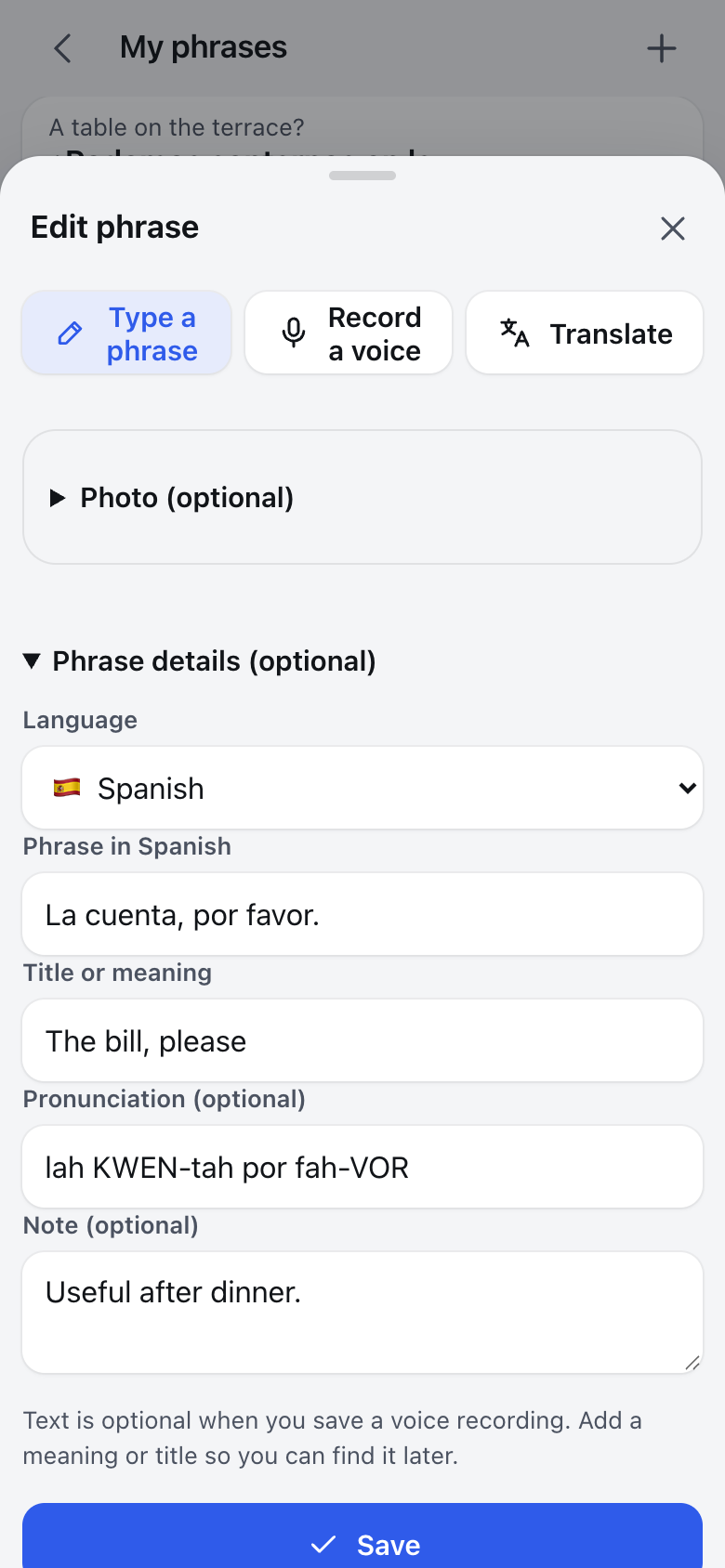 Custom phrase editor with Spanish text, a personal title and pronunciation