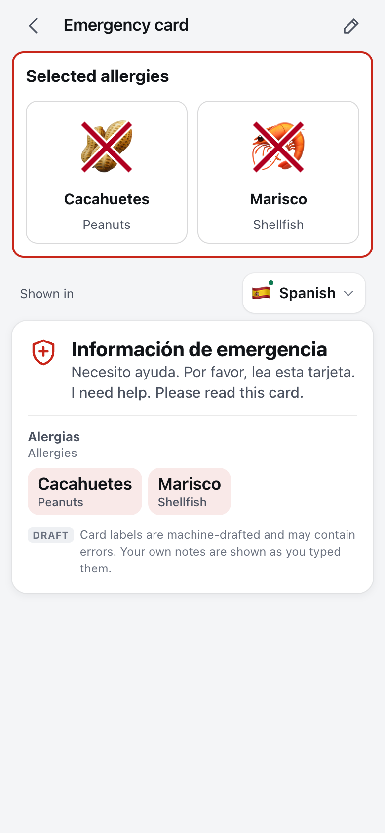 Emergency card with crossed-out allergy symbols