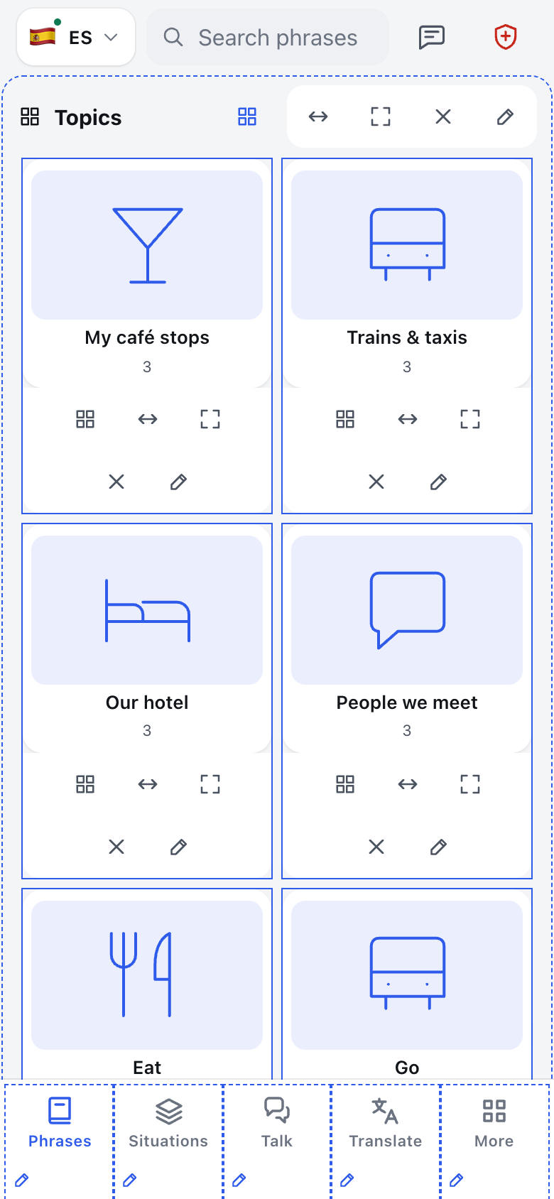 Customisable TapSay home screen in edit mode, showing drag and resize controls