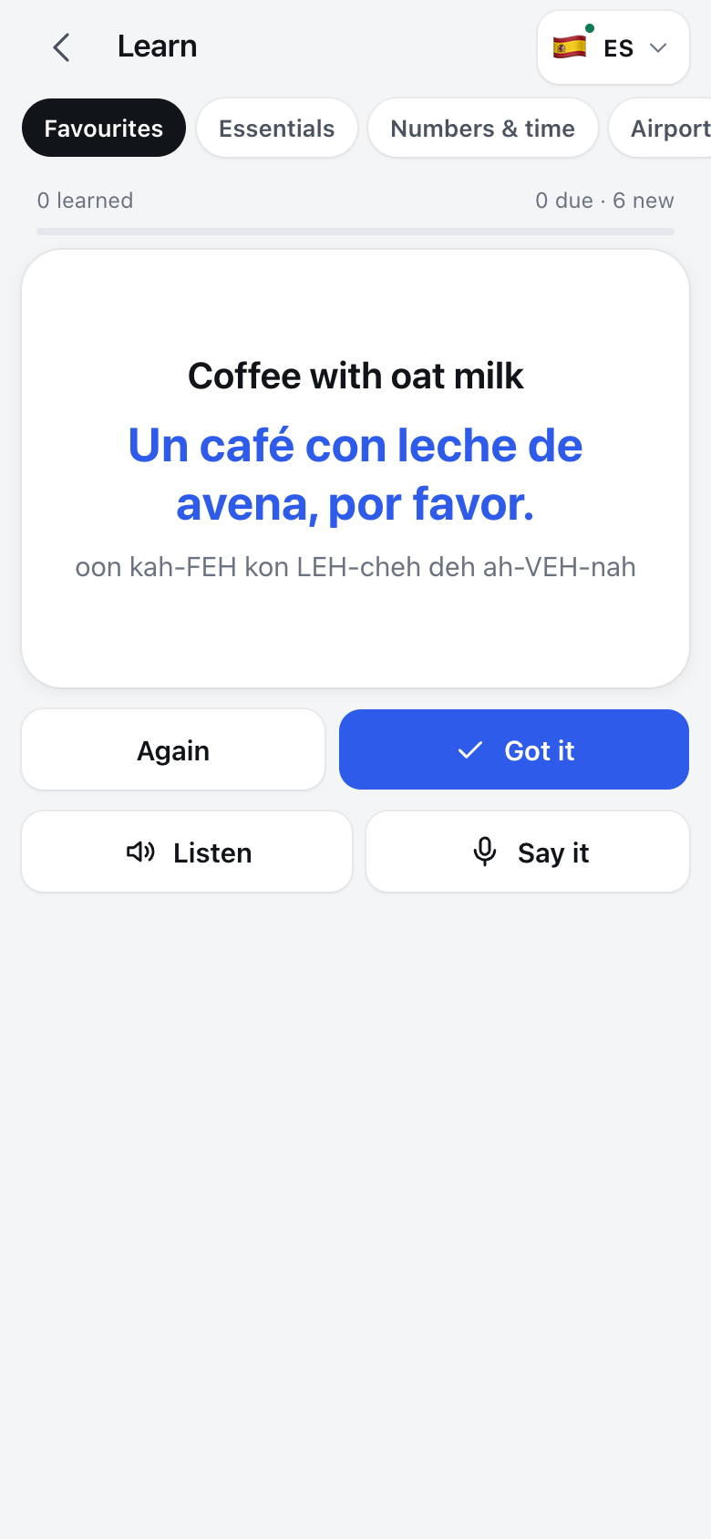 Spanish practice flashcard using a saved favourite café order