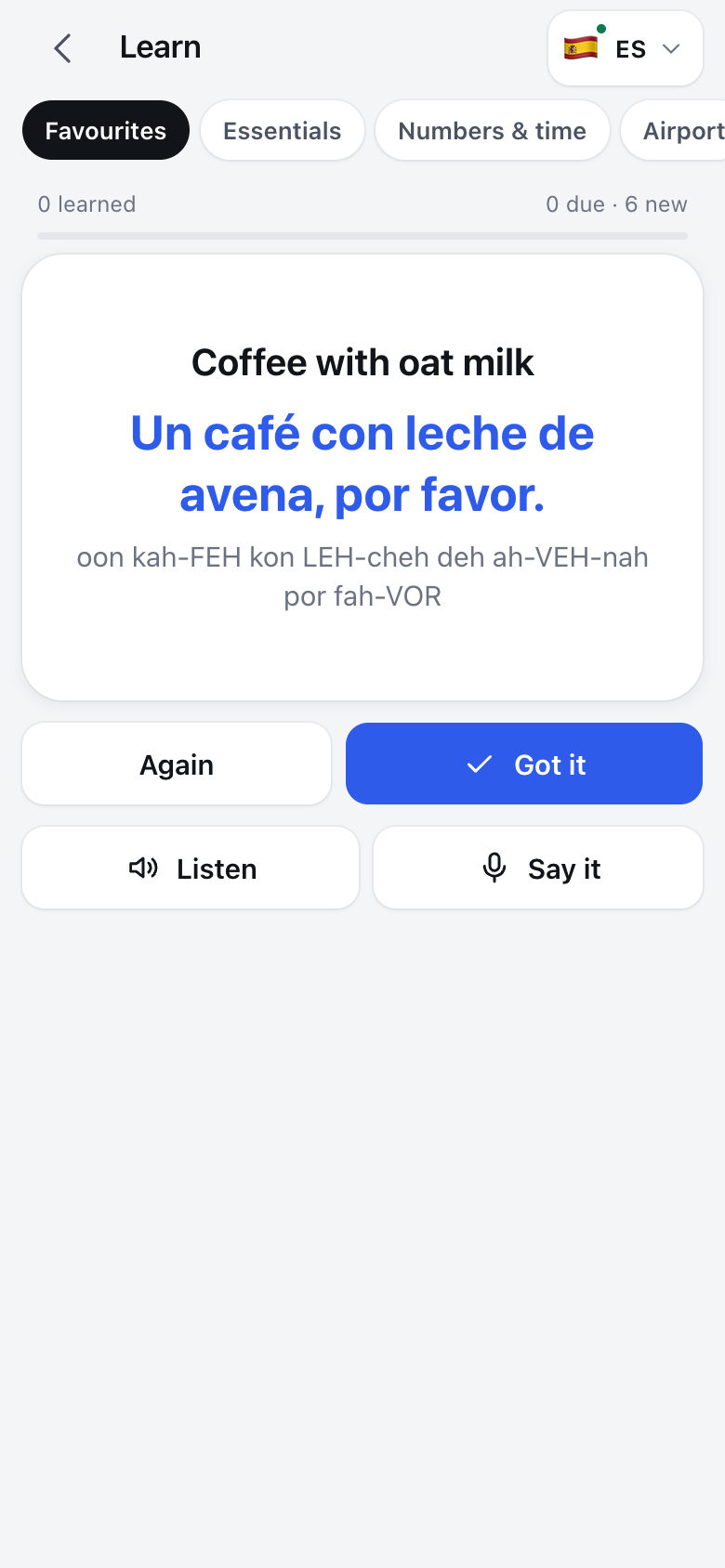 Spanish practice flashcard using a saved favourite café order