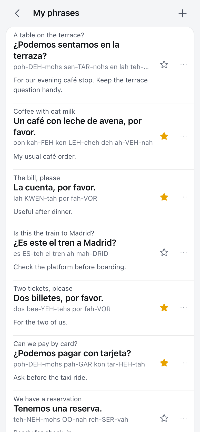 Saved Spanish travel phrases with personal notes and pronunciation