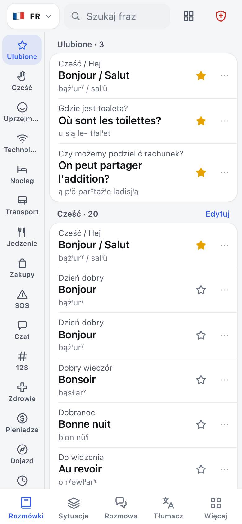 French travel phrases with Polish meanings and Polish-style pronunciation guides