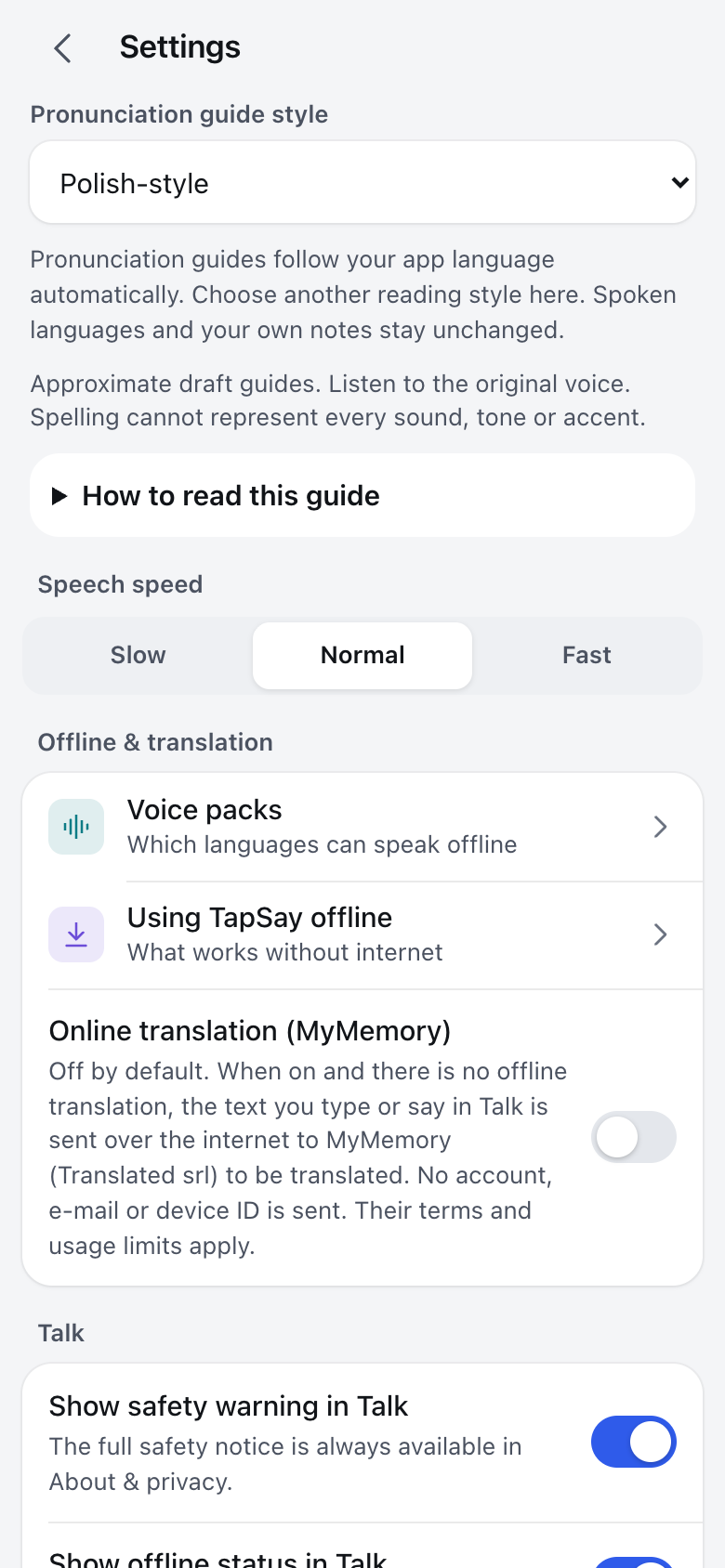 TapSay settings with Polish-style pronunciation selected independently of the English interface