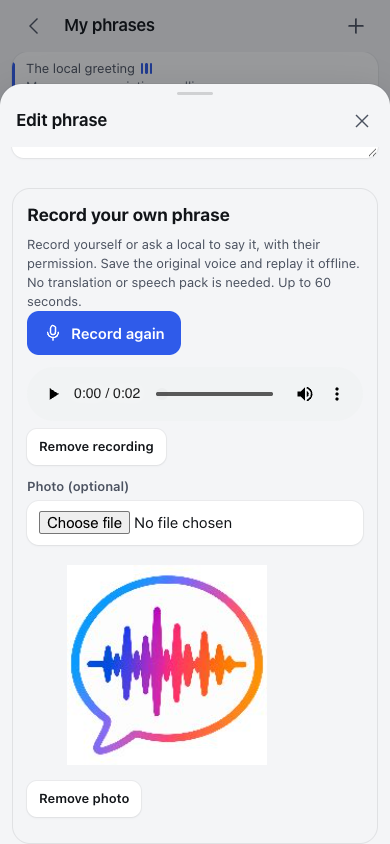 TapSay custom phrase editor with saved voice recording and optional photo