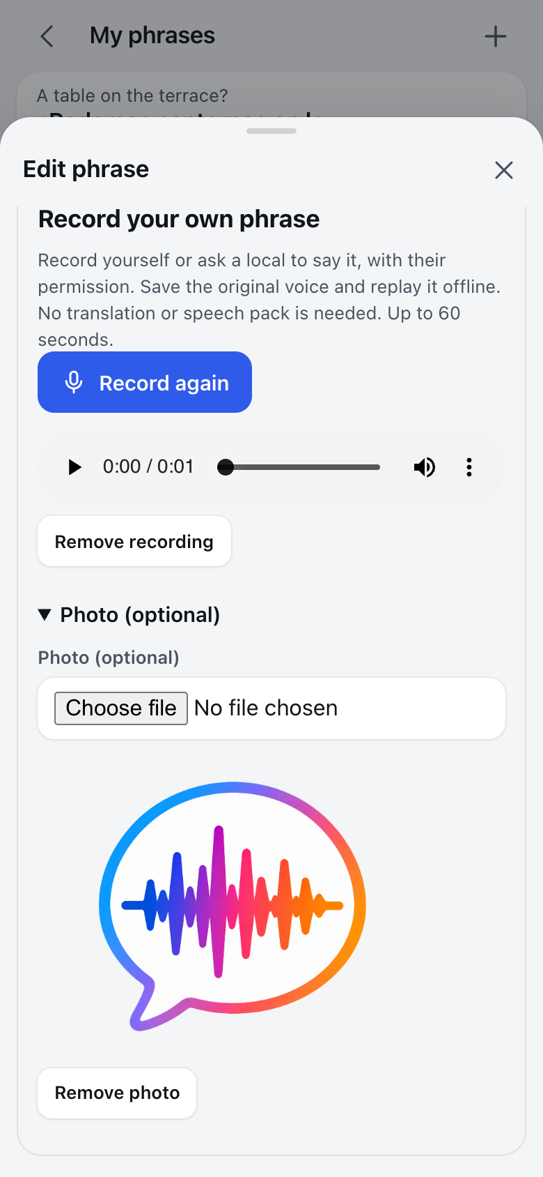 TapSay custom phrase editor with a saved voice recording and TapSay logo photo attachment