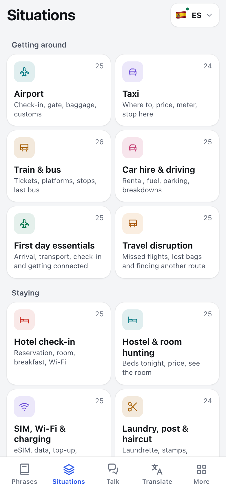 TapSay Situations screen with airport, taxi, train and hotel decks