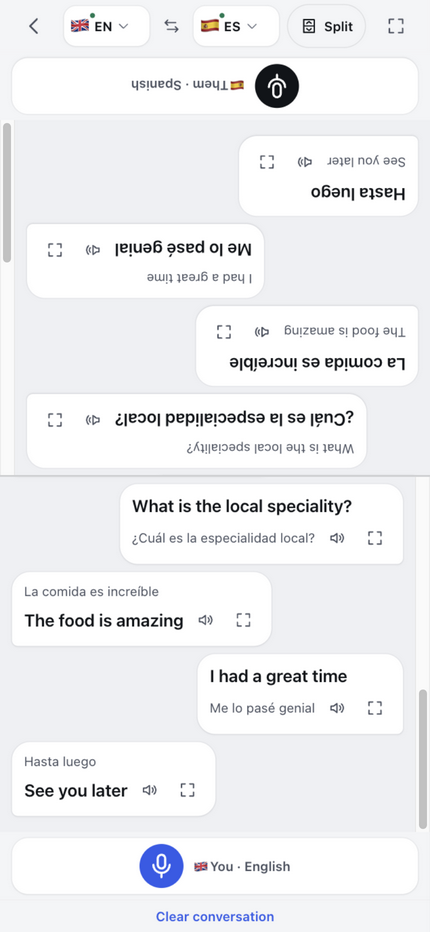TapSay Talk in split view: a back-and-forth English–Spanish hostel chat — plans for the night, food and goodbyes — shown twice, once for each side of the table
