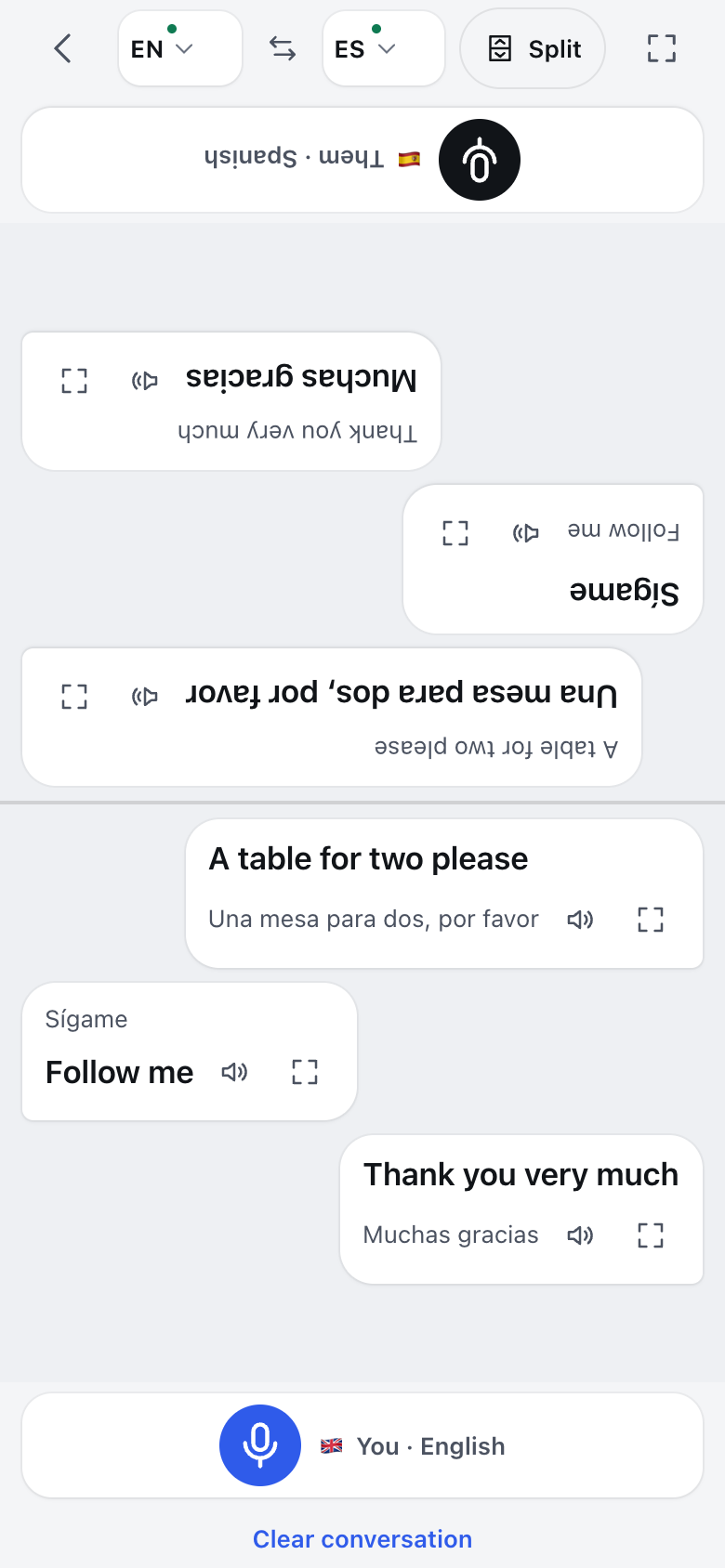 Three-message restaurant conversation: ask for a table, follow the host and say thank you