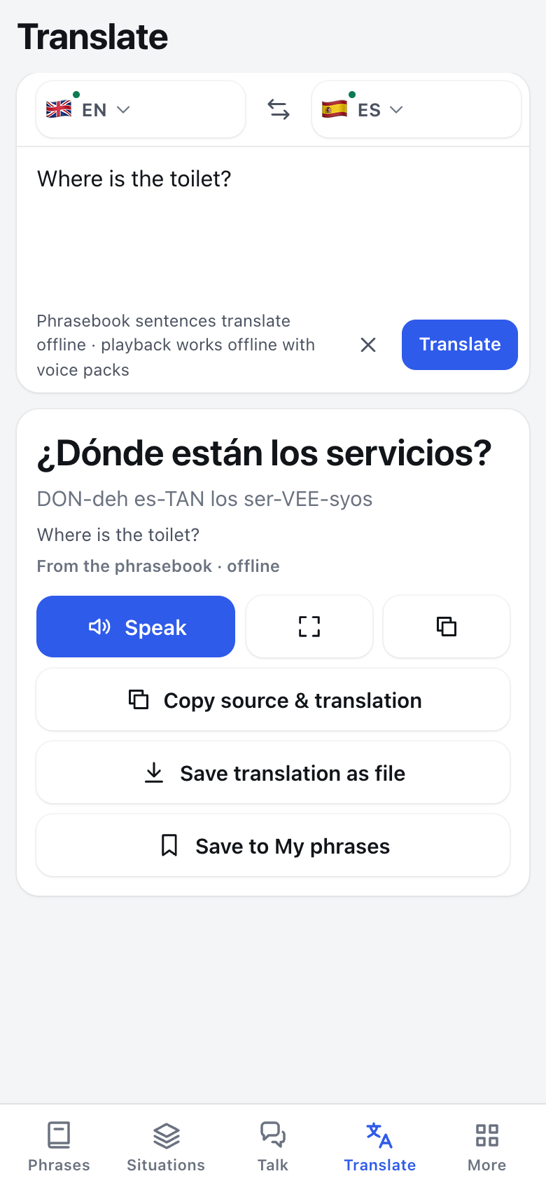 Spanish phrasebook translation marked offline